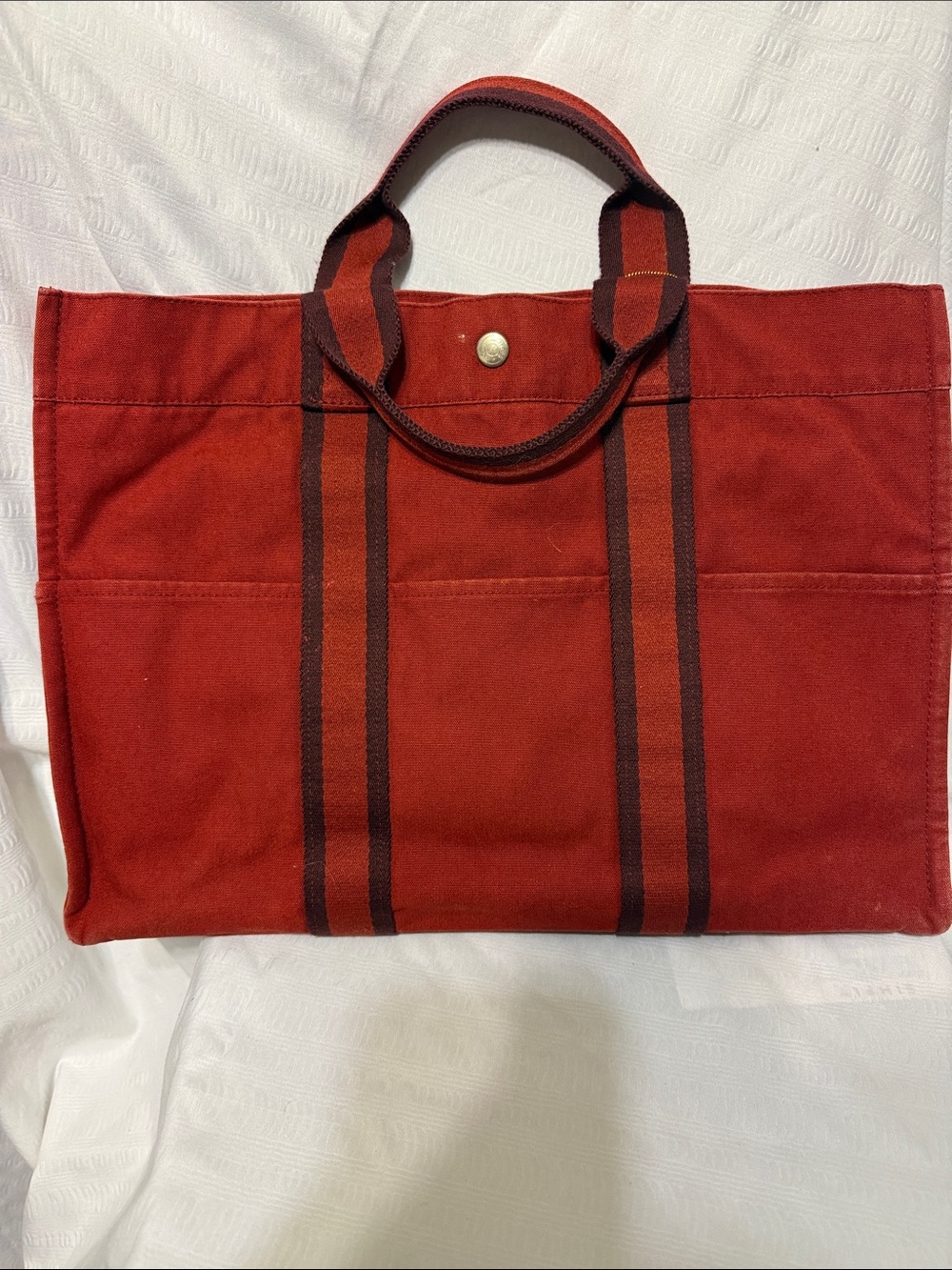 Hermes Red Canvas Tote with Dark Brown Stripes